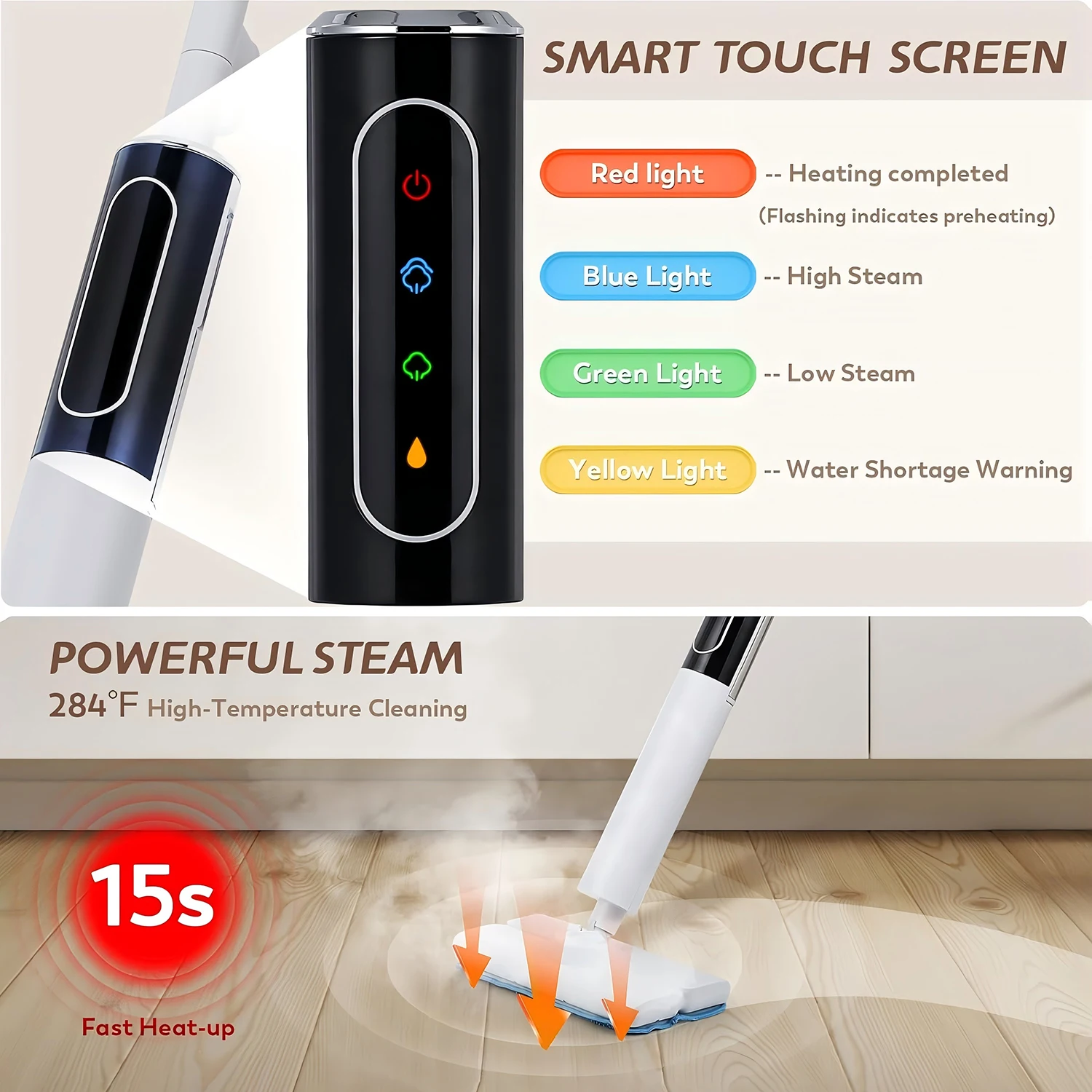 Smart Touch Screen Electric Steam Mop 15S Fast Heating Lightweight Self-Standing Electric Mopping Machine Adjustable Steam Mode