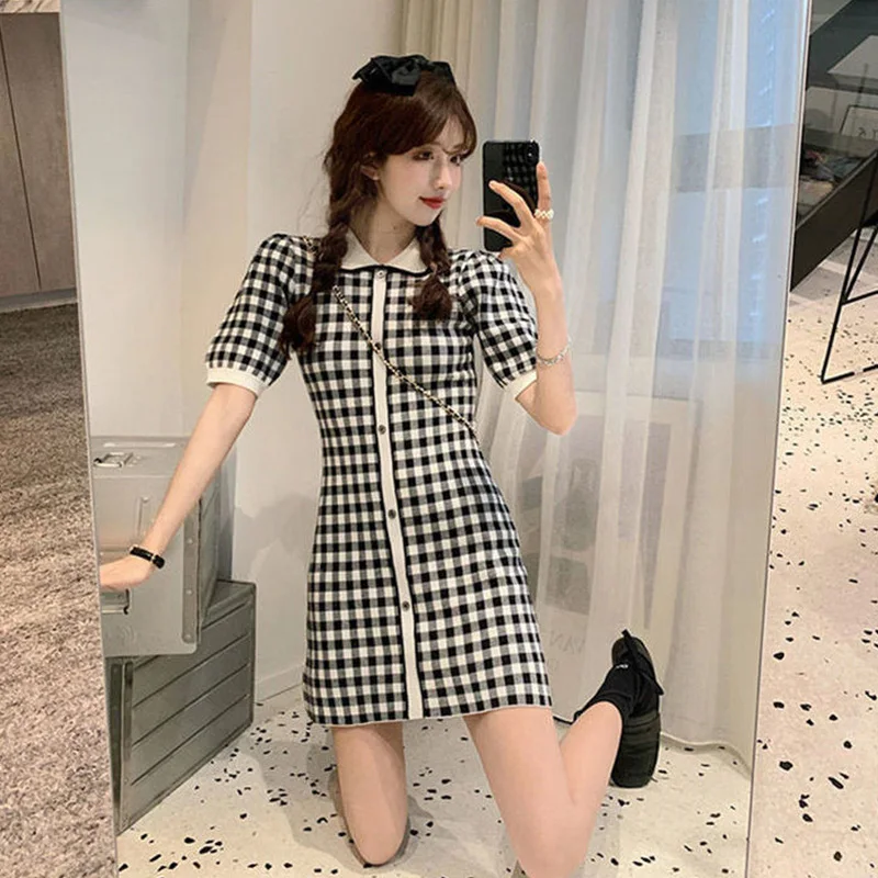 2023 New Summer Temperament Plaid Knitting Polo-Neck Short Sleeve Casual Dresses Women Clothes Sweet Buttons Pullover Dresses