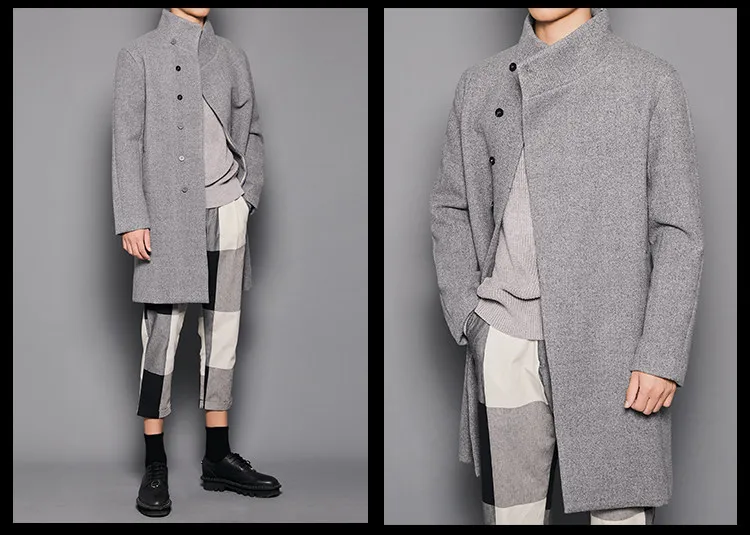 Men's Simplicity Profile Stand Collar Drop Shoulder Three-Dimensional Cut High-End Coat Woolen Coat