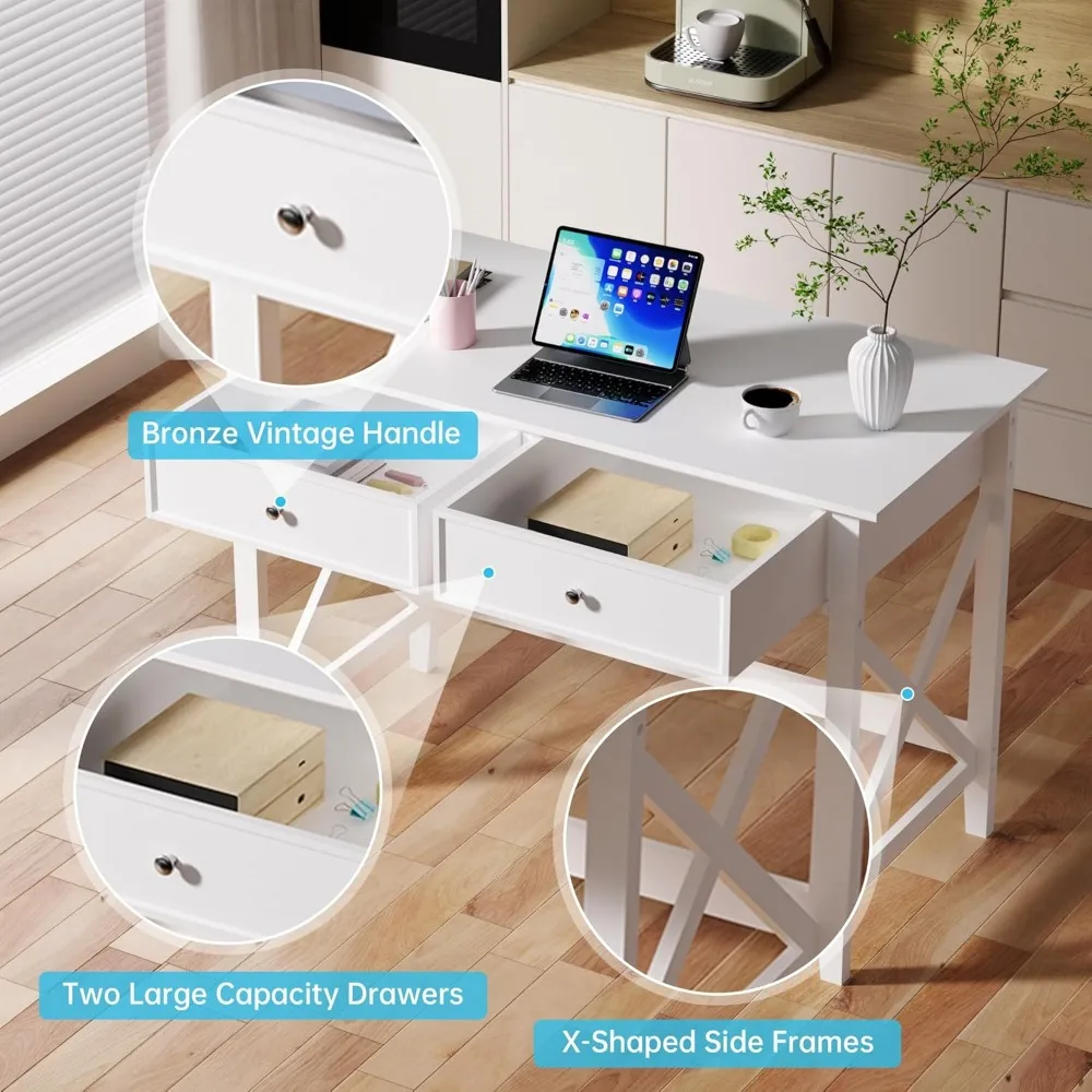 Modern White 42 Long Desk with 2 Drawers, Home Office Writing Desk, Storage Vanity Desk for Study