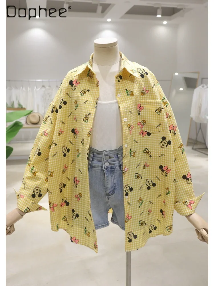 Kawaii Clothes Full Body Cartoon Print Blouse 2024 Summer Breathable and Loose Mid-Length Plaid Long Sleeve Shirt for Women