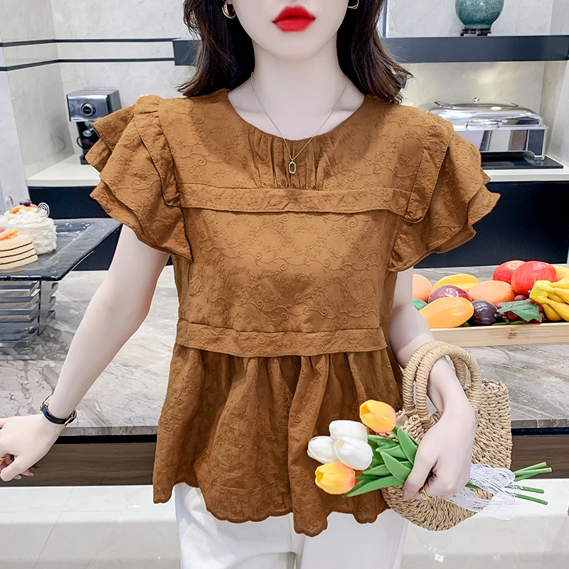 Koreaanse stijl schattig fluttermouwen borduurwerk ruches blouses zomer beige kaki roze kanten shirts top elegante dames