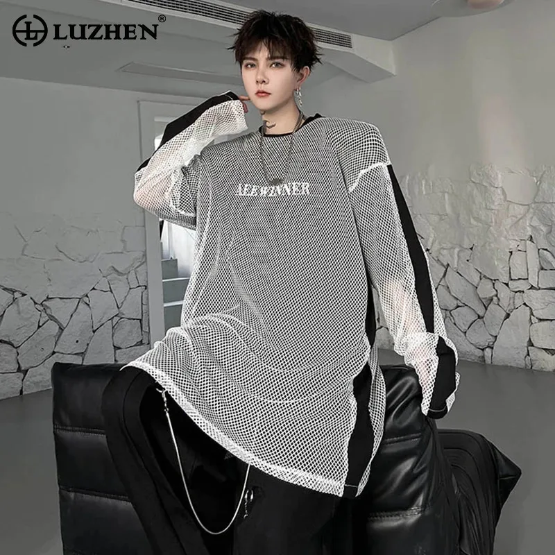 LUZHEN American Trendy Mesh Hollow Out Design Long Sleeve T Shirt Men's 2024 New Fashion High Street Original Design Tops LZ7126