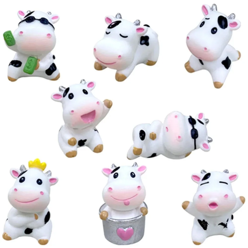 8Pcs Cute Cow Small Statue Garden Crafts Fairy Garden Ornament Tiny Miniature Animal Statues Decor Resin Lovely Desk Decoration