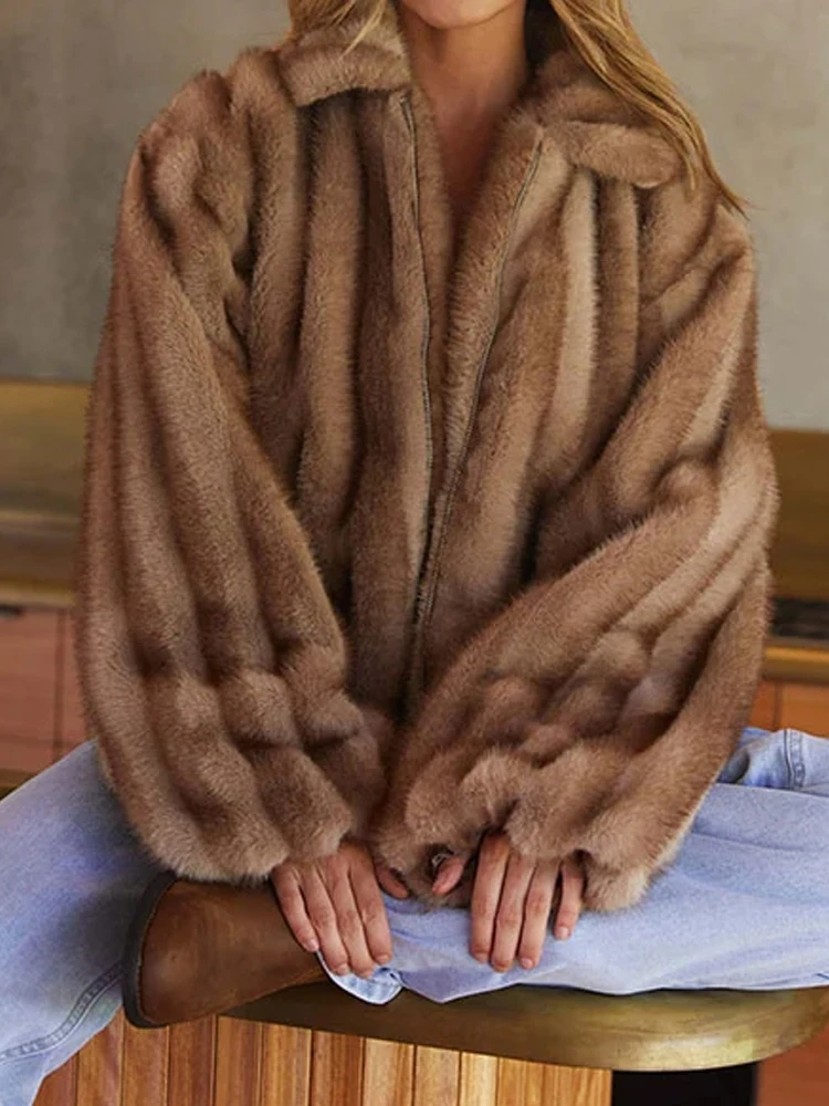 

Casual Long Sleeve Solid Color Loose Short Jackets Women Fashion Street Zipper Outercoats Elegant Soft Faux Fur Coat For Winter