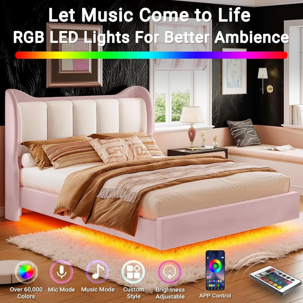 Queen Bed Frame with Headboard,Velvet Upholstered Platform Bed with LED Light,Solid Wood Slats Support,No Box Spring Needed,Pink