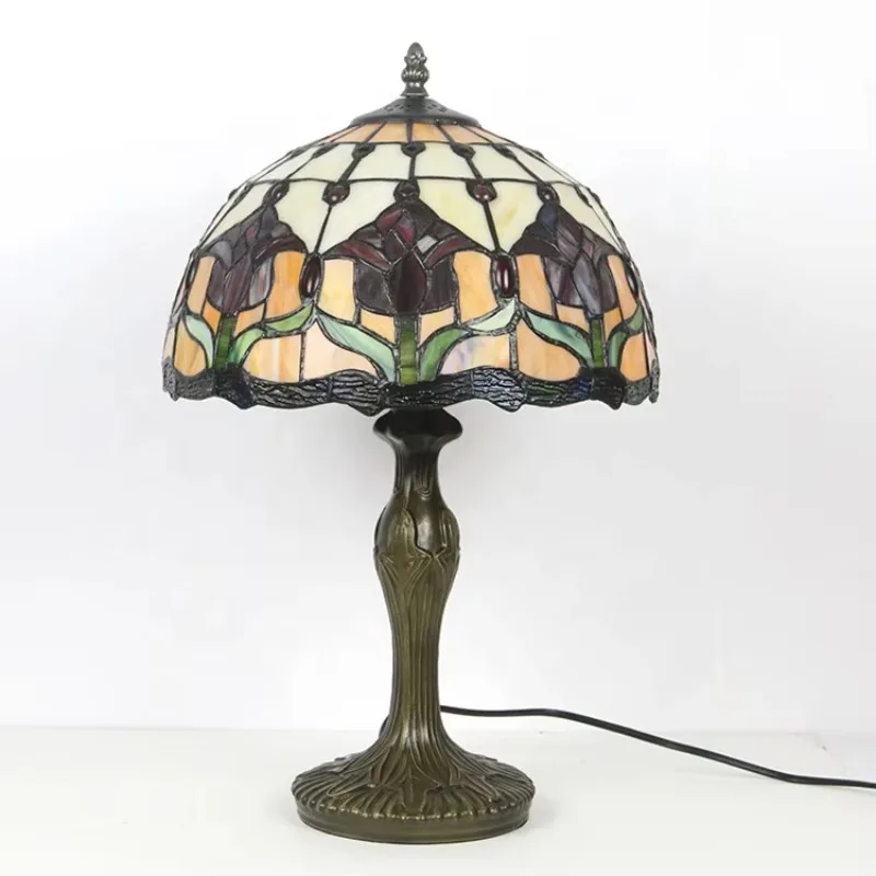 

Tulip flower, style stained glass desk lamp, night light 12 inch lampshade, metal base, bedside bedroom lamp