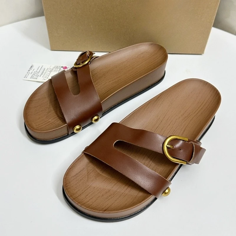 

Летние женские пляжные тапочки из мягкой кожи, шикарная брендовая повседневная повседневная обувь на толстой подошве с пряжкой и ремнем, женская обувь больших размеров