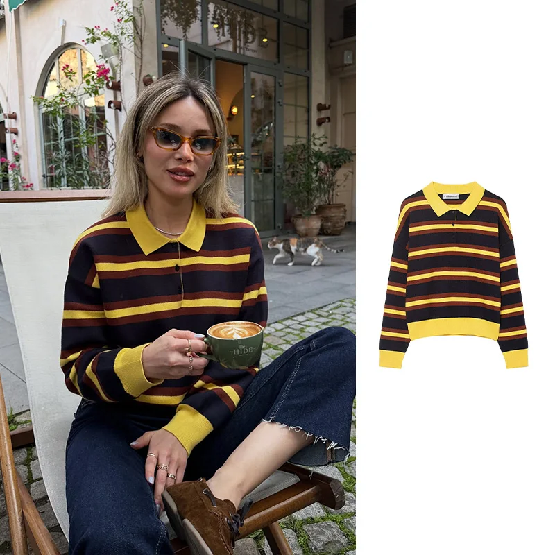 HH 2025 Women's Elegant Yellow Striped Knitted Pullover Turn Down Collar Long Sleeves Slim Causal Cropped Sweater Chic Tops