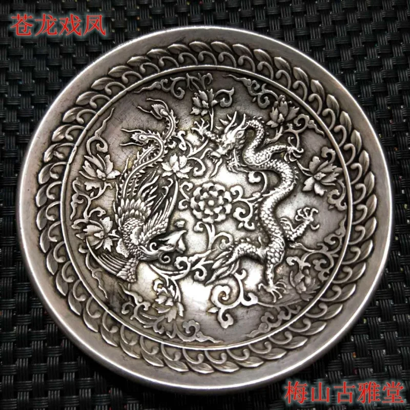 Antique Miscellaneous Collectibles: White Copper Silver-Plated Phoenix Plate, Vintage Auspicious Dragon and Phoen