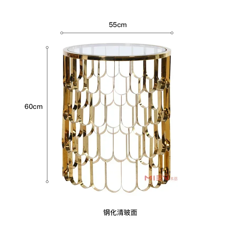 Texture round Corner Table Tempered Glass Side Table Landscape Pattern Marble Top Hollow Metal round Coffee Table