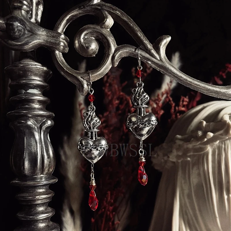 The Inferno - Dangly Sacred Heart Earrings - Chain - Layered - Beaded - Red - Silver - Crucifix - Gothic - Witchy - Edgy  Potion