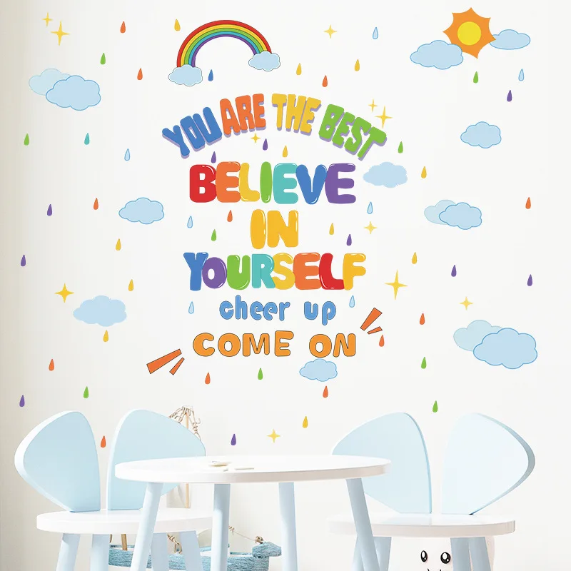 

Cartoon Rainbow English Slogan Wall Sticker Kids Children's Room Home Decoration Bedroom Mural Nursery Self Adhesive Wallpaper