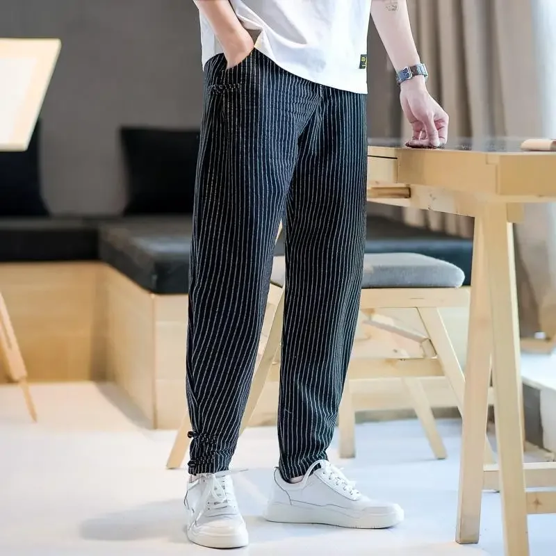 GELITAYIN Summer Thin Striped Cotton And Linen Male Cropped Trousers Plus Size New In Trend Cheap Xxxl Fashion Men's Casual Hare
