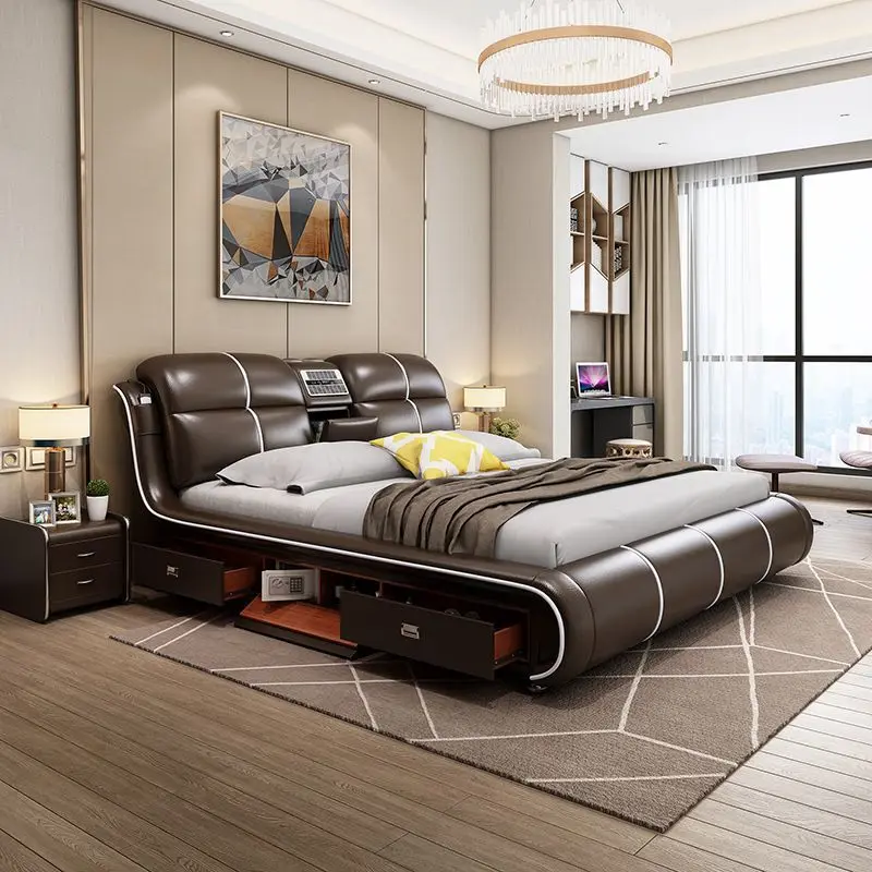 

Leather bed leather bed modern simple master bedroom double tatami multi-functional storage intelligent leather art