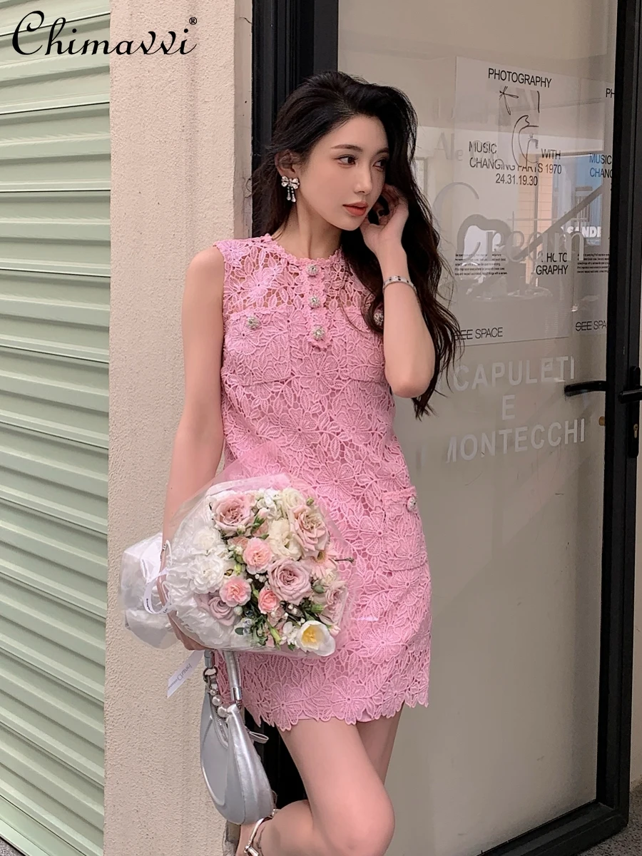 

Summer High-End Pink Lace A- Line Sleeveless Dress French Fashion Round Neck Loose Sleeveless Elegant Party Dresses Women