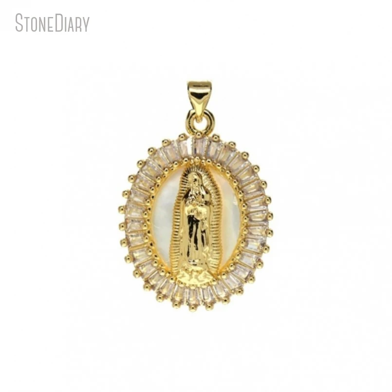 5Pcs Wholesale  Gold Color Copper White Shell Oval Shape Madonna Jewelry Pendant PM48964