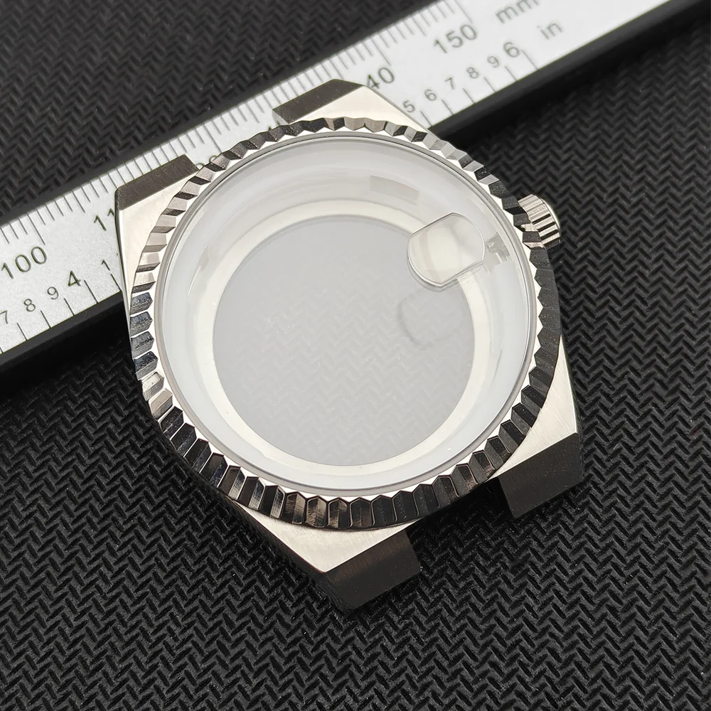 NH35 حافظة 39.5 مللي متر الياقوت الزجاج الفولاذ المقاوم للصدأ يوم واحد التقويم نافذة 33.8 مللي متر الطلب الأزرق مضيئة الأيدي العصابات ساعة أجزاء #4