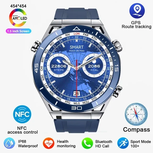 2024 Mens NFC Smart Watch GPS Tracker AMOLED Screen Heart Rate Monitor Compass Bluetooth Call Health Monitoring for Android IOS