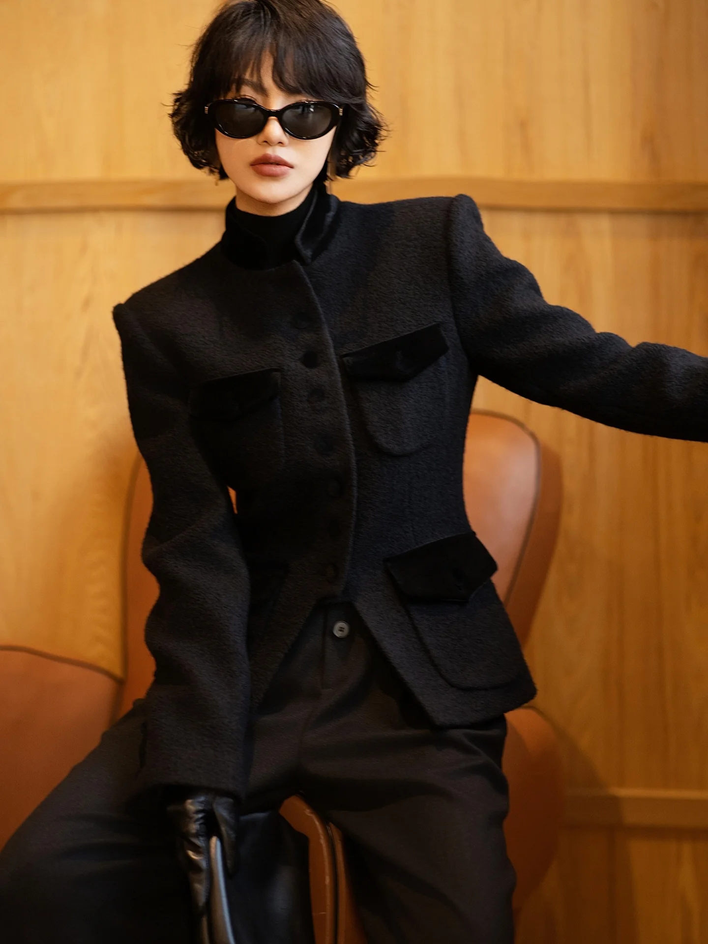 

Savile Row Full Wool Velvet Waist-Cinching ort Bla Ele Sle Women's Coat Long Sve Stand Collar Winter Outerwear