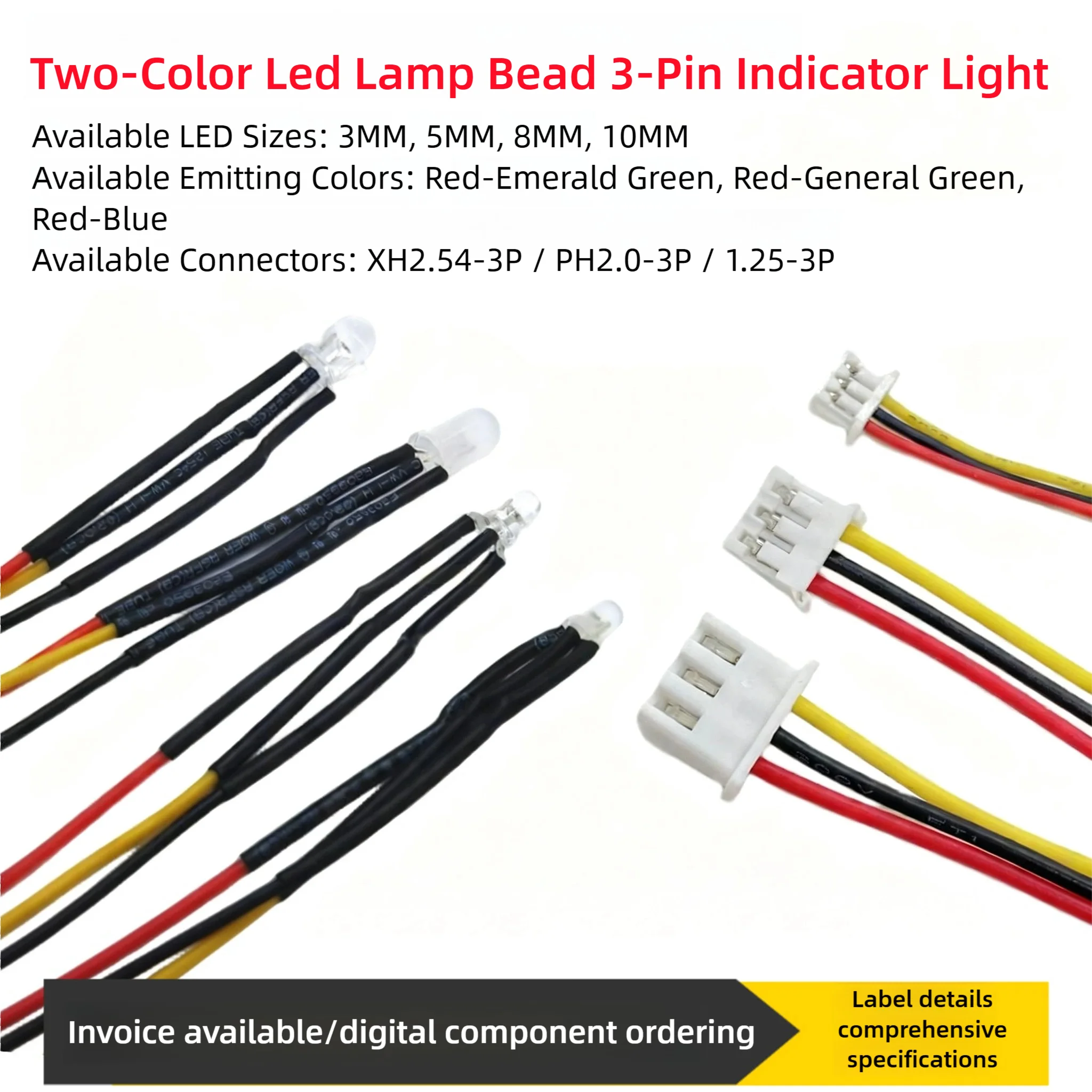 F3/5/8/10MM Dual-Color LED Lamp Beads 3-Pin Indicator Light,3V-220V With Plug, With Wire, Red Green, Red Blue Dual-Color