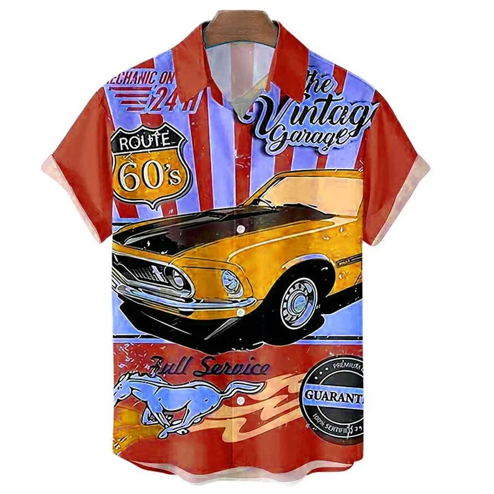 Boutique Vintage Car Print Short-Sleeved Shirt Men's Fashion Top Men's Casual Clothing Men's Breathable Sweat-Absorbing Cardigan