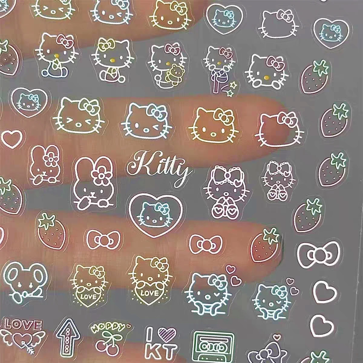 1 hoja de pegatinas fluorescentes 5D para uñas Hellokitty, corazón de dibujos animados japoneses en relieve, Hello Kitty para bolígrafo/soporte, pegatina decorativa para taza