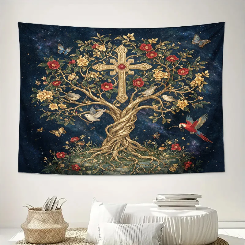 Bohemian Celestial Tree of Life Curtain Starry Night Cross Window Decor Gothic Tapestry Drapery Panel Art