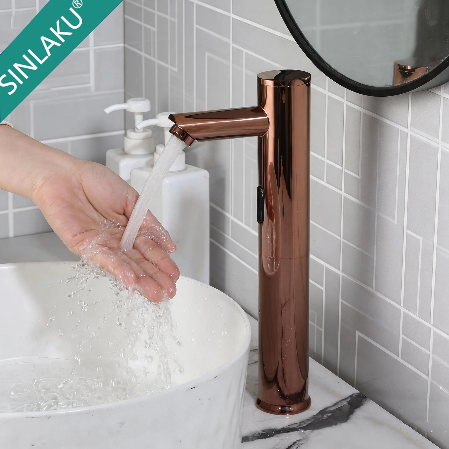 SINLAKU Touchless Automatic Sensor Bathroom Faucet Rose Gold Vessel Sink Tap Hands-Free Smart Basin Mixer with Infrared Sensor