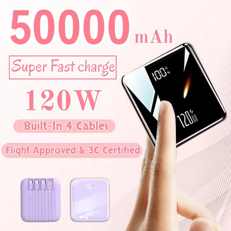 Мини-портативное зарядное устройство Power Bank 500000 мАч с зеркальным экраном и LED-дисплеем, внешний аккумулятор для iPhone и Huawei
