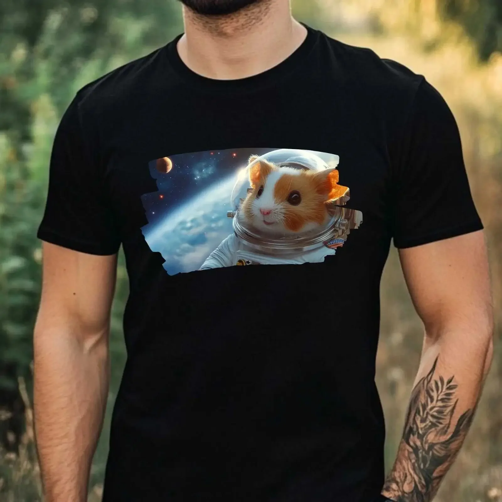 Herren T Shirt Hamster als Astronaut Motiv Baumwolle Größe XS bis 5XL vintage Washed Comfortable Stretched Slightly Breathable