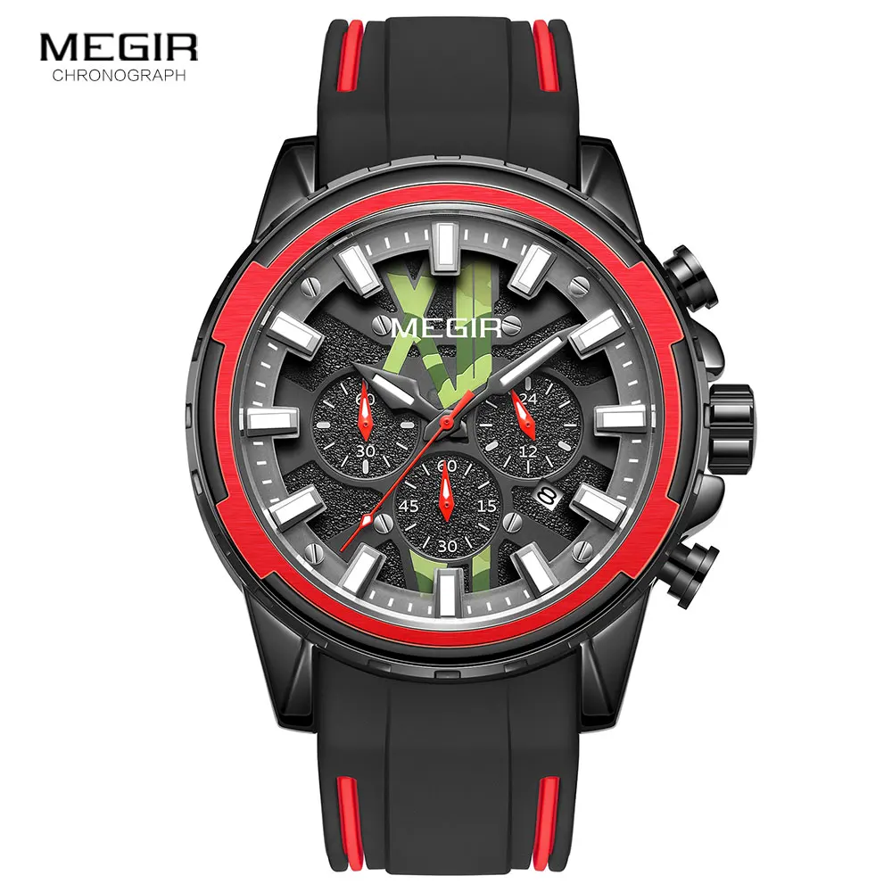 MEGIR-reloj analógico de cuarzo para hombre, cronógrafo con correa de silicona, manecillas luminosas, fecha automática, impermeable, deportivo,