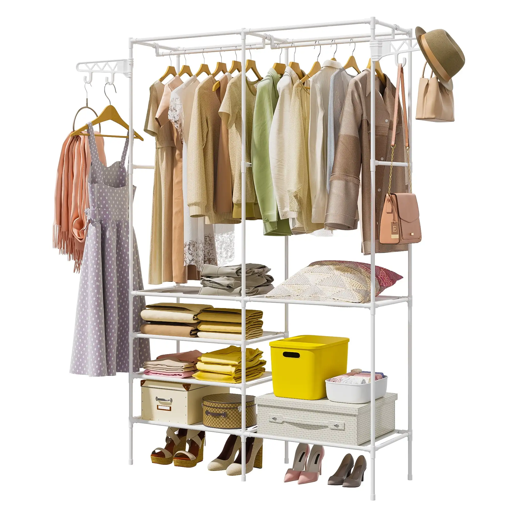 

Yoneston Garment Rack Closet Organizer with Hanging Hooks Rods, Freestanding Clothing Rack with Multi-Compartment Storage, White