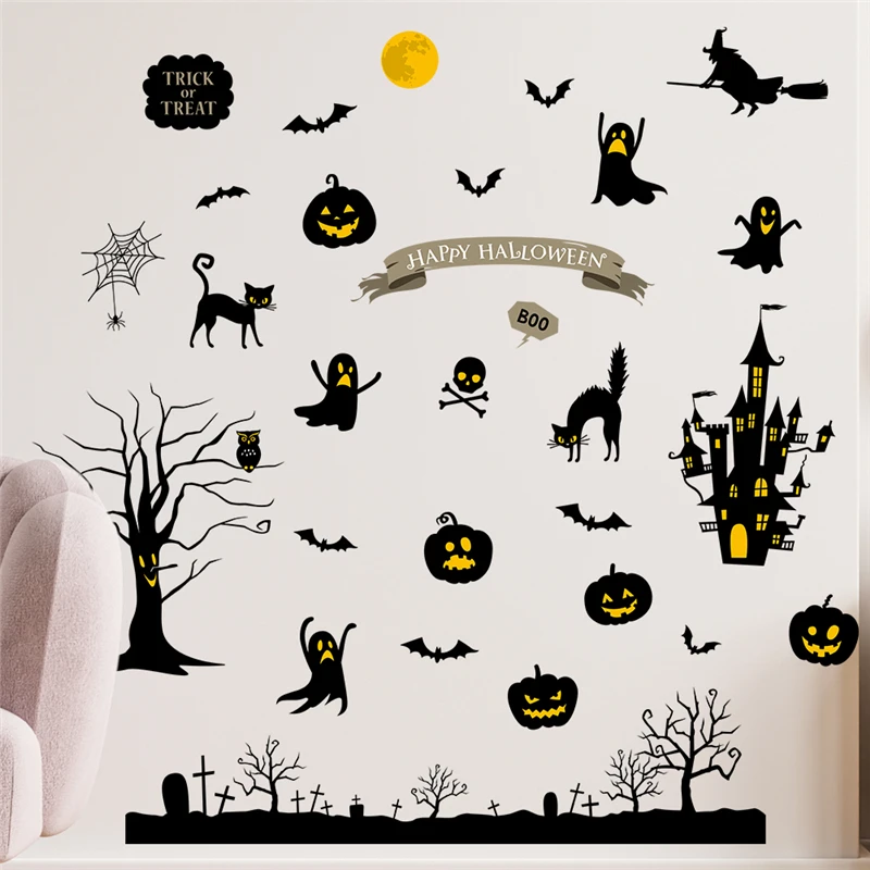 Bat Ghost Spider Wall Sticker For Office Shop Home Decoration Diy Halloween Festival Mural Art Kids Decal Hallowmas Pvc Poster