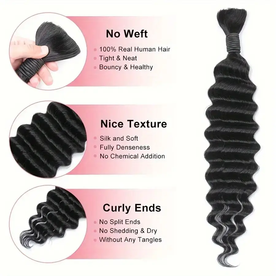 Human Braiding Hair Deep Wave Bulk Hair For Braiding No Weft 100%Brazilian Virgin Human Hair For Boho Knotless Braids 50g/Bundle - Image 3