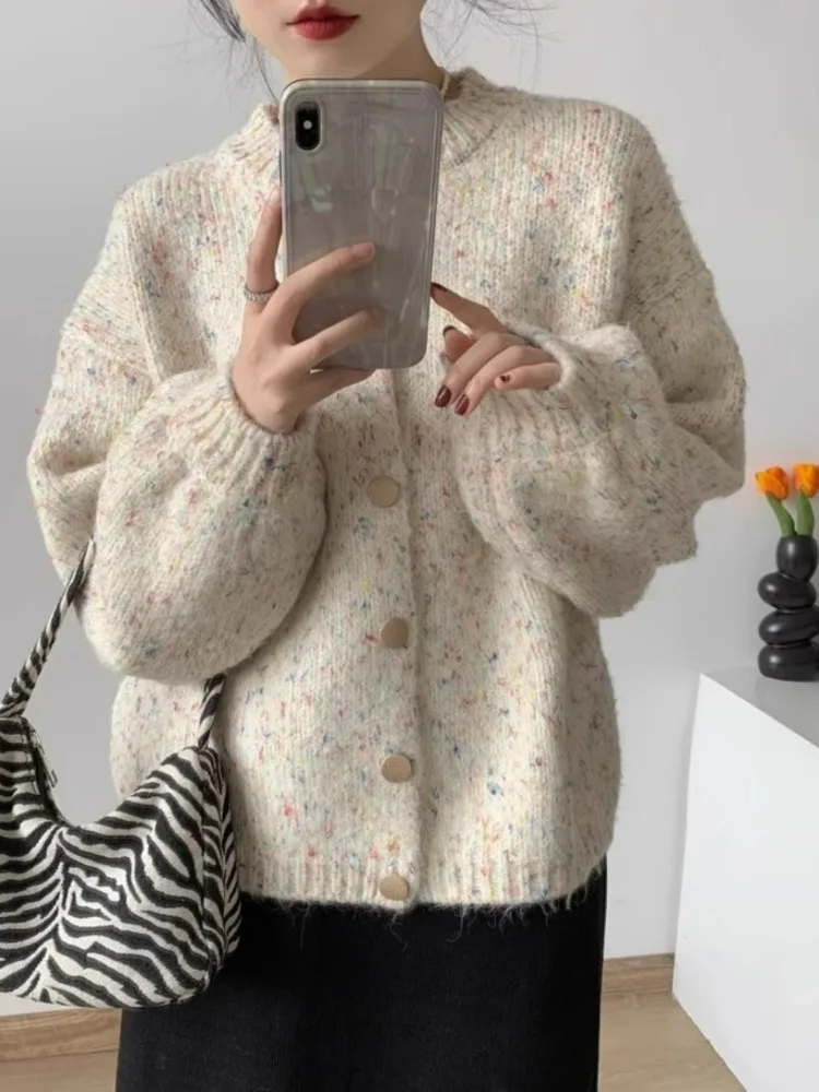 

Colored Dot Sweater Cardigan Women 2024 New Autumn and Winter Loose Korean Chic Knit Coat Solid Color Long Sleeve Top Soft