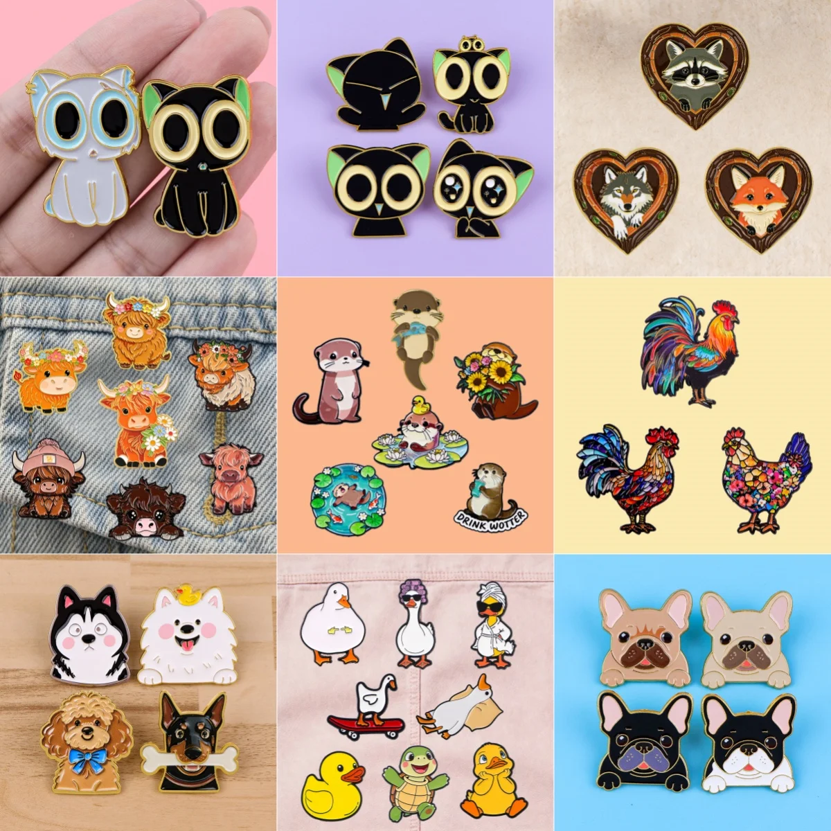 2-8pcs/Set Funny Cartoon Otter Black Cat Dog Duck Enamel Pins Cute Animal Brooch Backpack Lapel Badge Jewelry Accessories Gifts