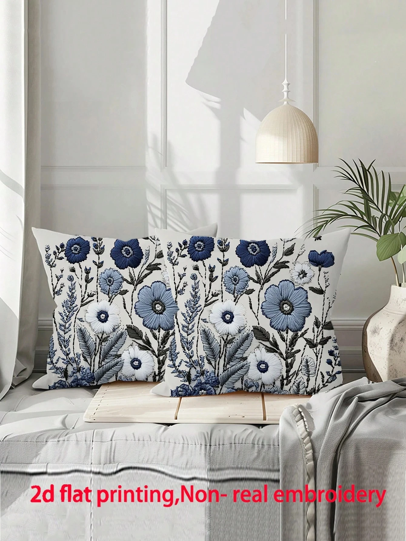 1pc Vintage Blue Floral Pillow Cover, Polyester 2D Double-Sided Print, Effect Wildflower Design, Farmhouse Home Accent