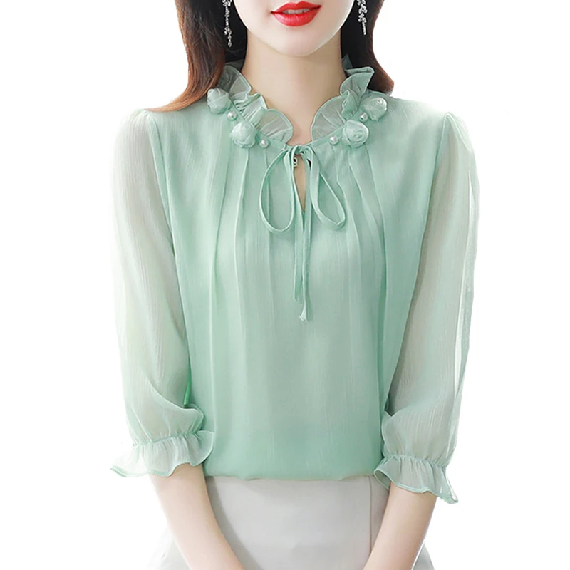 M-4XL Spring Summer Women Tops 2024 New Fashion Chiffon Blouse Petal Collar Half Sleeve Bow tie Loose Casual Shirt