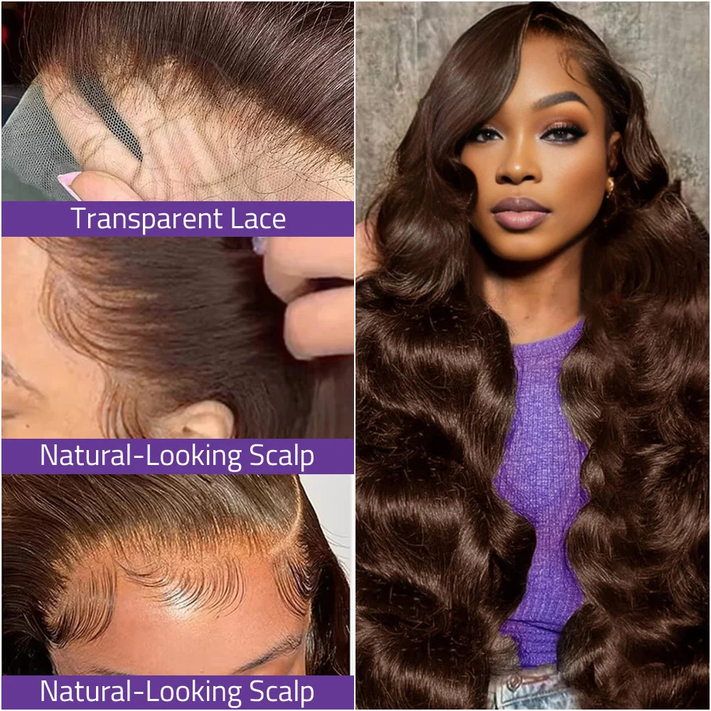 36 Inch Chocolate Brown Body Wave HD Lace Front Human Hair Wig Brazilian 13x6 Lace Frontal Wigs Preplucked for Women 200 Density