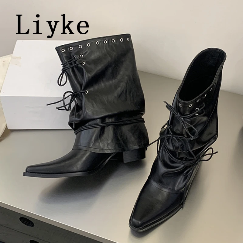 Liyke New Design Rivet Eyelet Lace Up Scrunched Pleated Leather Slouchy Boots Women Pointed Toe Chunky Heels Shoes Botas Mujer
