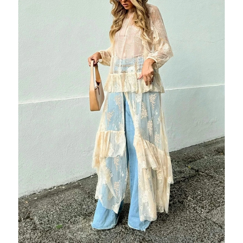 Robe plumeau en dentelle florale transparente pour femmes, manches longues, maille transparente, à volants, couches, haut fluide, fendue sur le devant