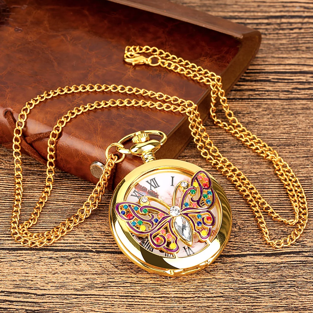 Top Luxury Gold Butterfly Crystal Diamond-encrusted Quartz Pocket Watch Elegant Women Retro Fob Chain Clock Charm Pendant Chain