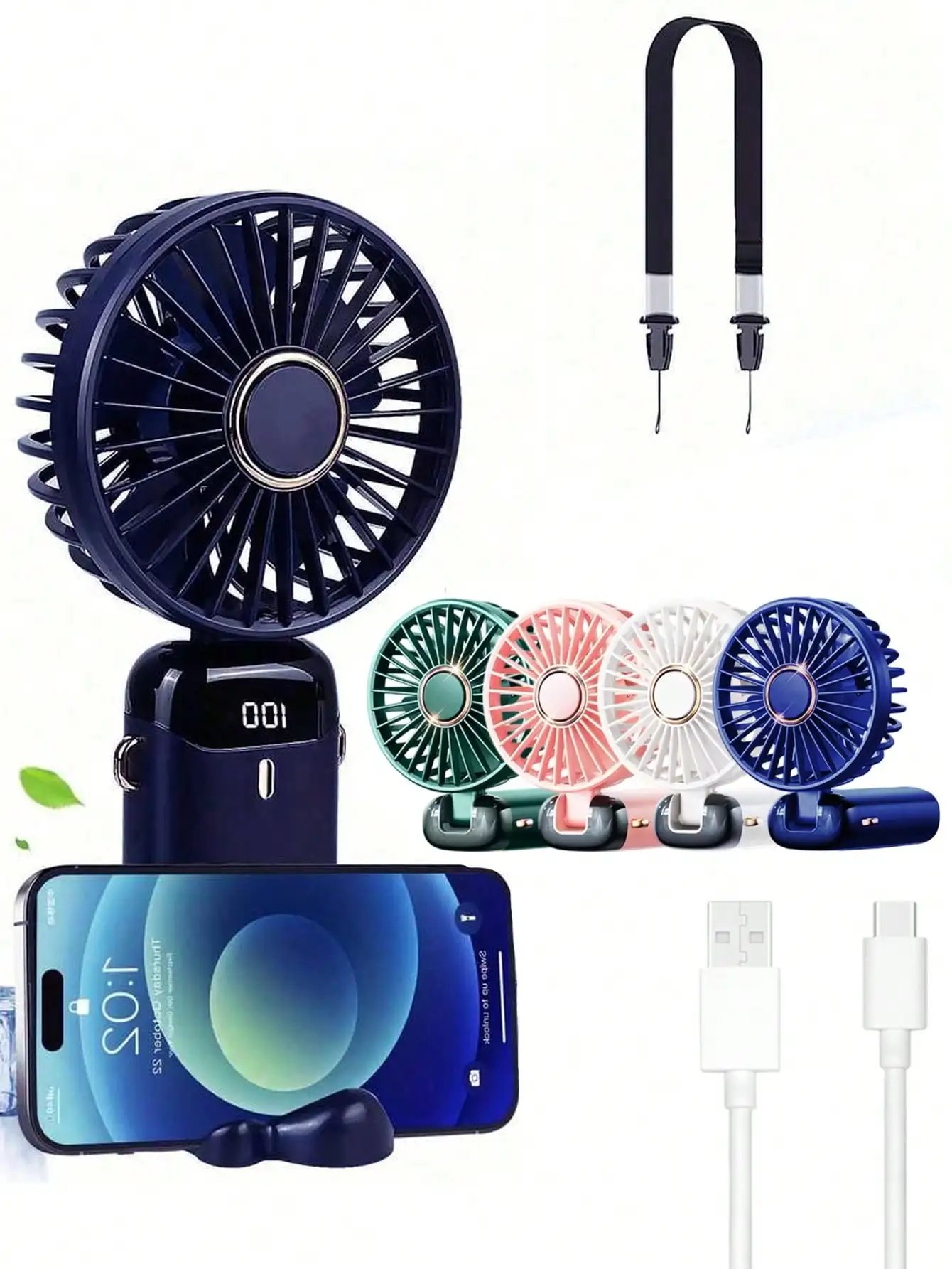 

1PC Mini Portable USB Fan, 5 Speed Rechargeable Fan with Digital Display, Neck Strap Foldable Desk Fan for Office Bedroom Travel