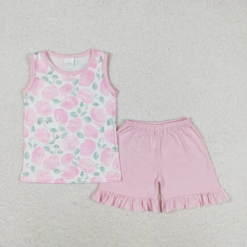 

X12.12 GSSO0975 Summer Baby Girls' Floral Leaf Pink Sleeveless Shorts Set
