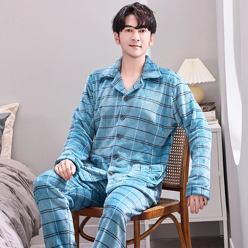 

Autumn Winter Long Sleeve Plaid Thick Warm Flannel Pajamas Sets For Men Coral Velvet Soft Sleepwear Suit Pyjamas Homewear Male