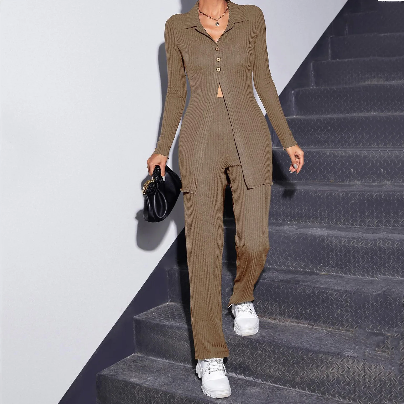 

Two Piece Set Autumn Winter Knitting Women Pants Suit Solid Color Lapel Long Sleeve Shirt Casual High Waist Pants Streetwear