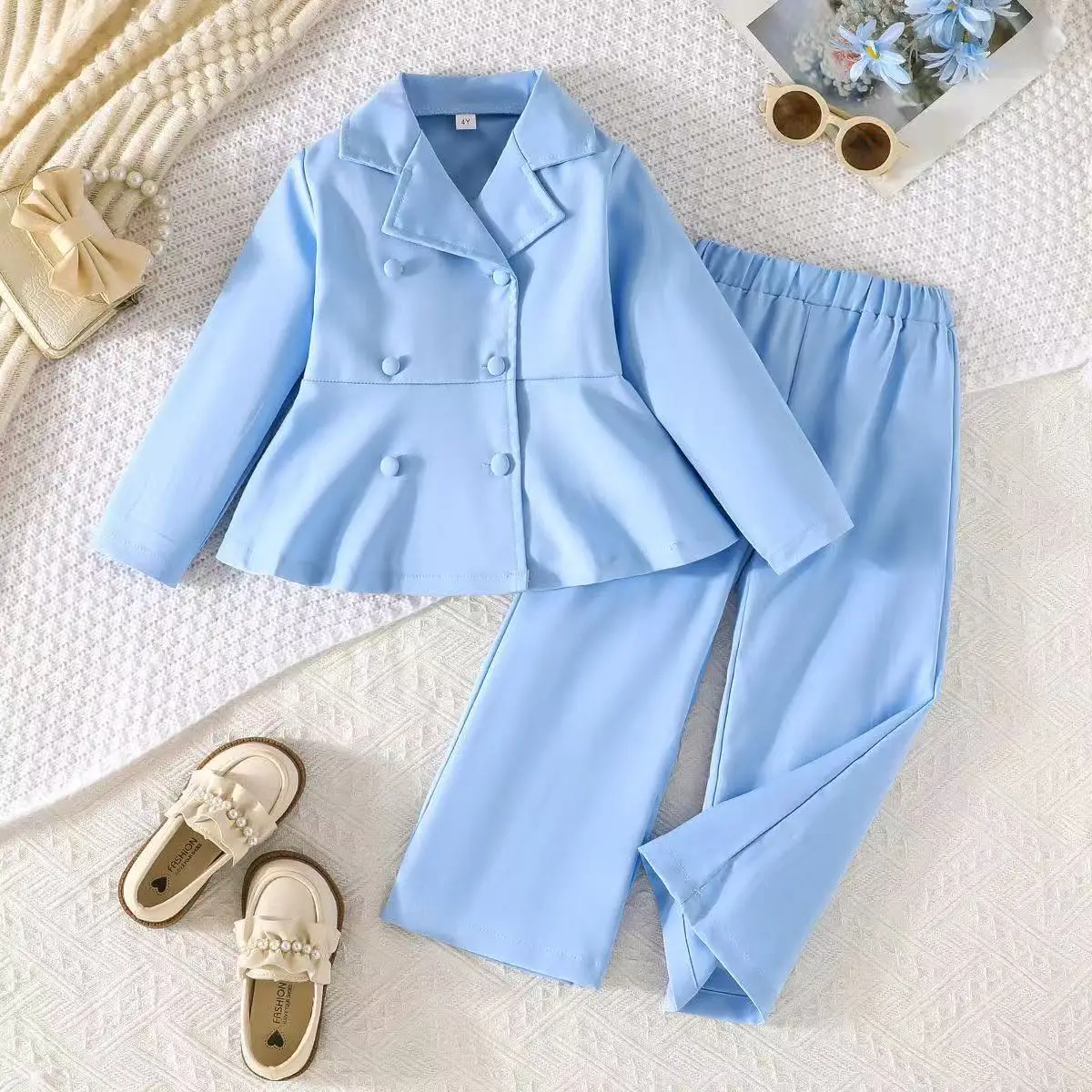 2026 New Girls Autumn Casual 2 Pcs Set Solid Color Long Sleeve Top & Pants Sweet Gentle Style for 4-7Y