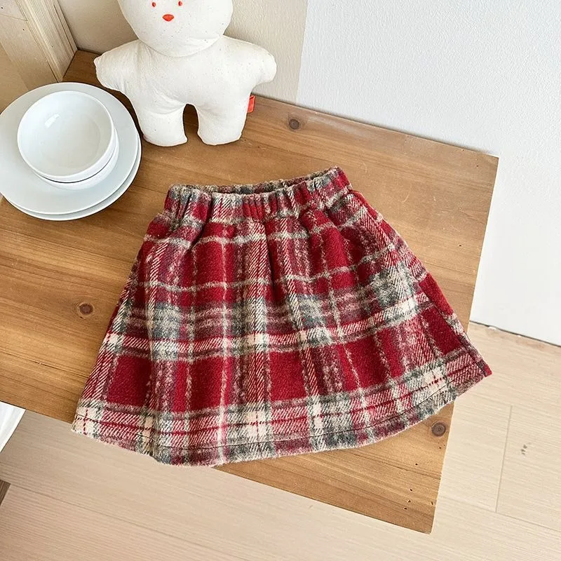 Plus Size Red Plaid Wool Skirt for Girls 2025 Winter New Children's Thickened Holiday Skirt
