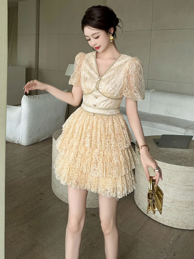 Women's Elegant Banquet Party Lace Dress Summer Y2k High Quality V-Neck Nail Diamond Puff Sleeve Slim-Fit Cake Skirt Tutu Frock